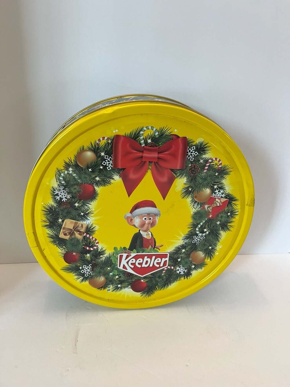 Keebler Holiday Cookie Tin Round Metal Container with Elf Graphic